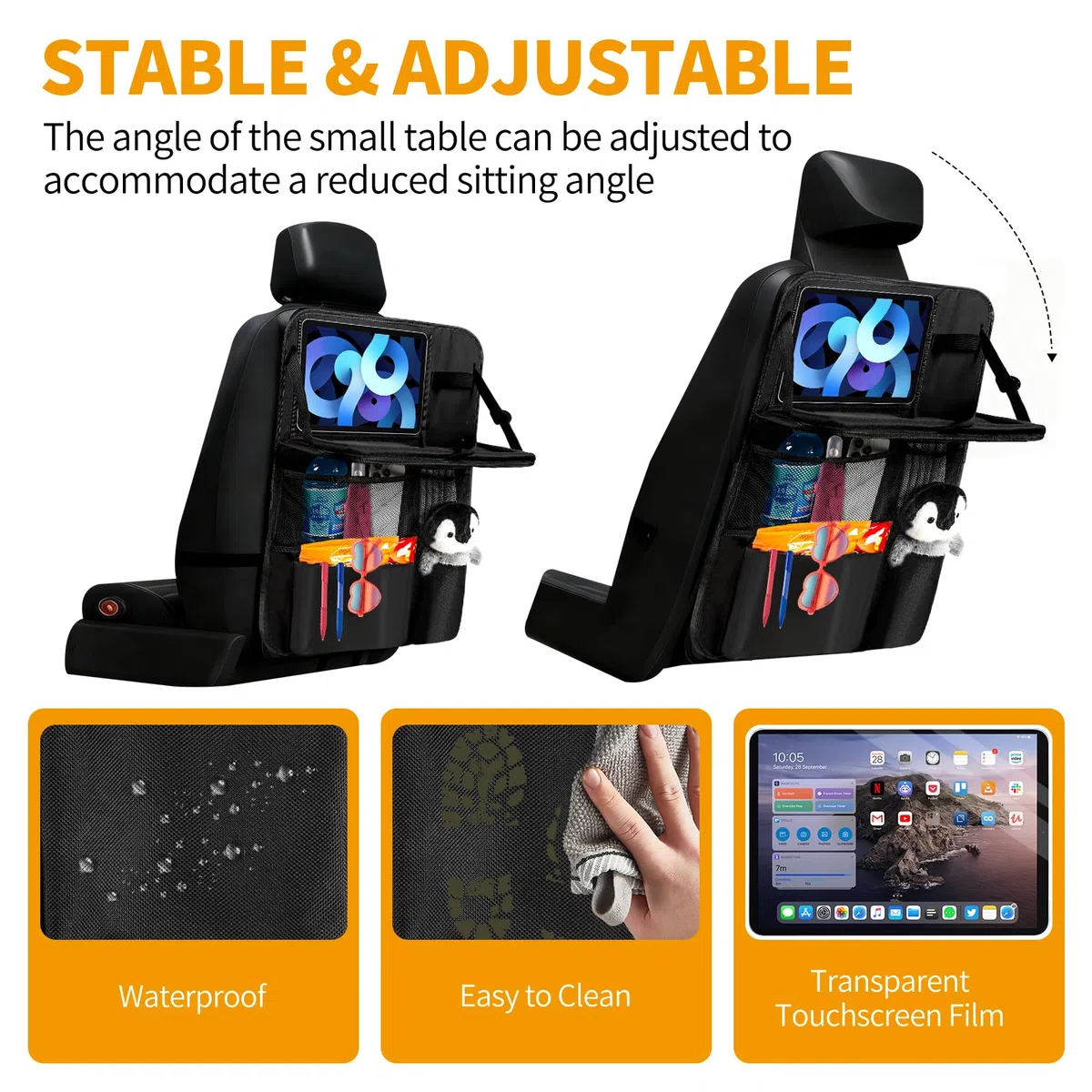 Organizador Asiento Coche con Mesa Plegable, Organizador Coche Niños con Bolsillo & Funda para Tablet, Protector Impermeable Respaldo Asiento, Para Viajes Familiares y Almacenamiento Juguetes