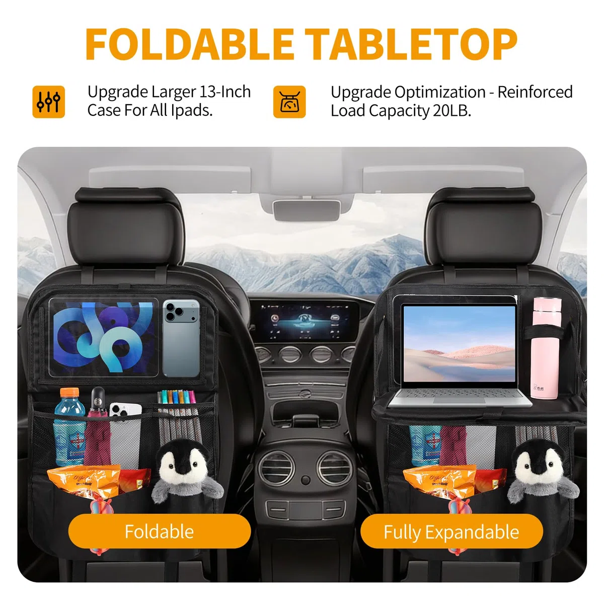 Organizador Asiento Coche con Mesa Plegable, Organizador Coche Niños con Bolsillo & Funda para Tablet, Protector Impermeable Respaldo Asiento, Para Viajes Familiares y Almacenamiento Juguetes