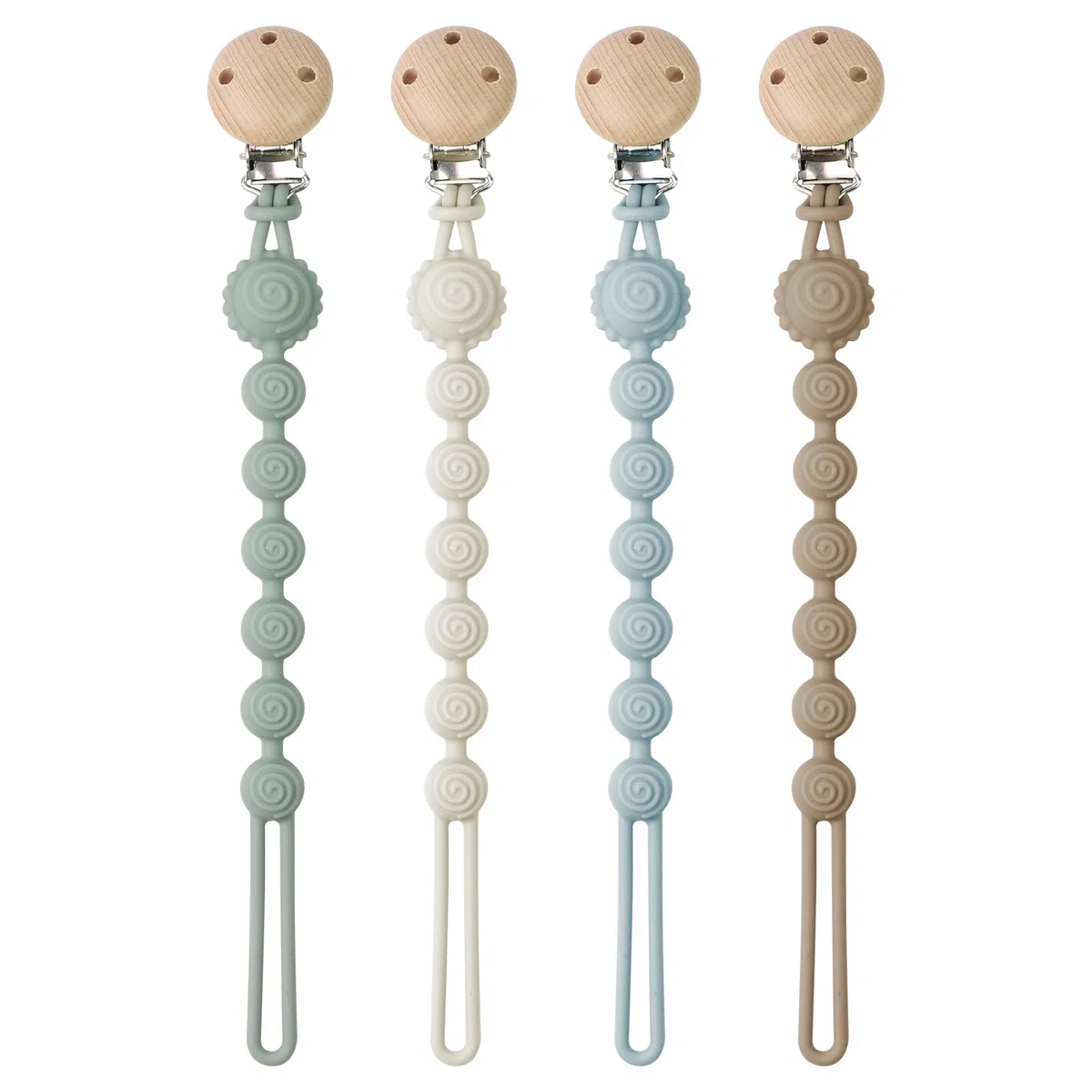 Juego de 4 portacueros de silicona, soporte para chupetes para niñas y niños, portabotetes portátiles, diseño 2 en 1 para cordón de pepita y mordedor, ayuda para punción dental para bebés, fácil
