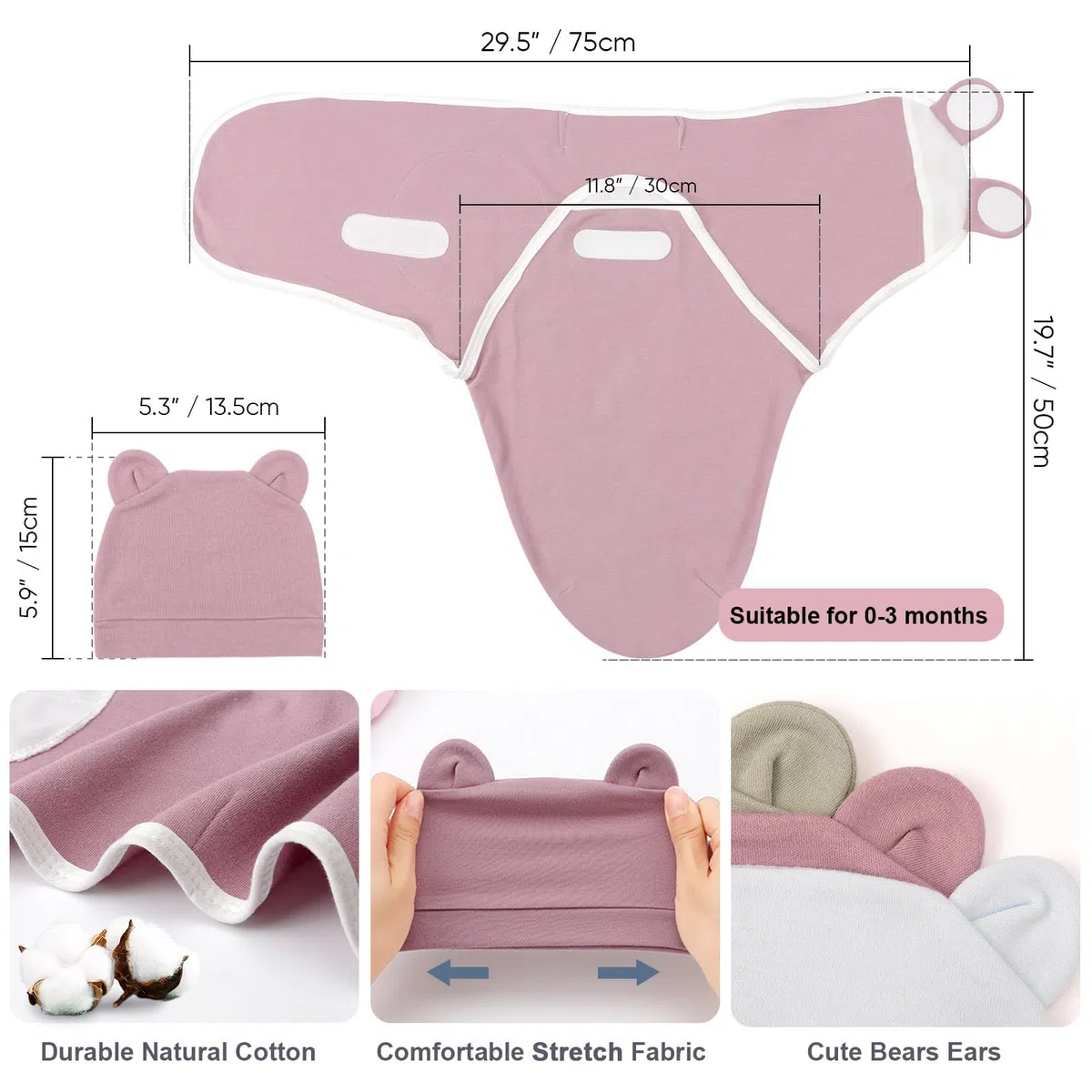 DRESHOW Recién Nacido Swaddle Manta Sombrero Set Bebé Impreso Swaddles Infantil Ajustable Sleep Sack para 0-3 Meses Niñas Niños