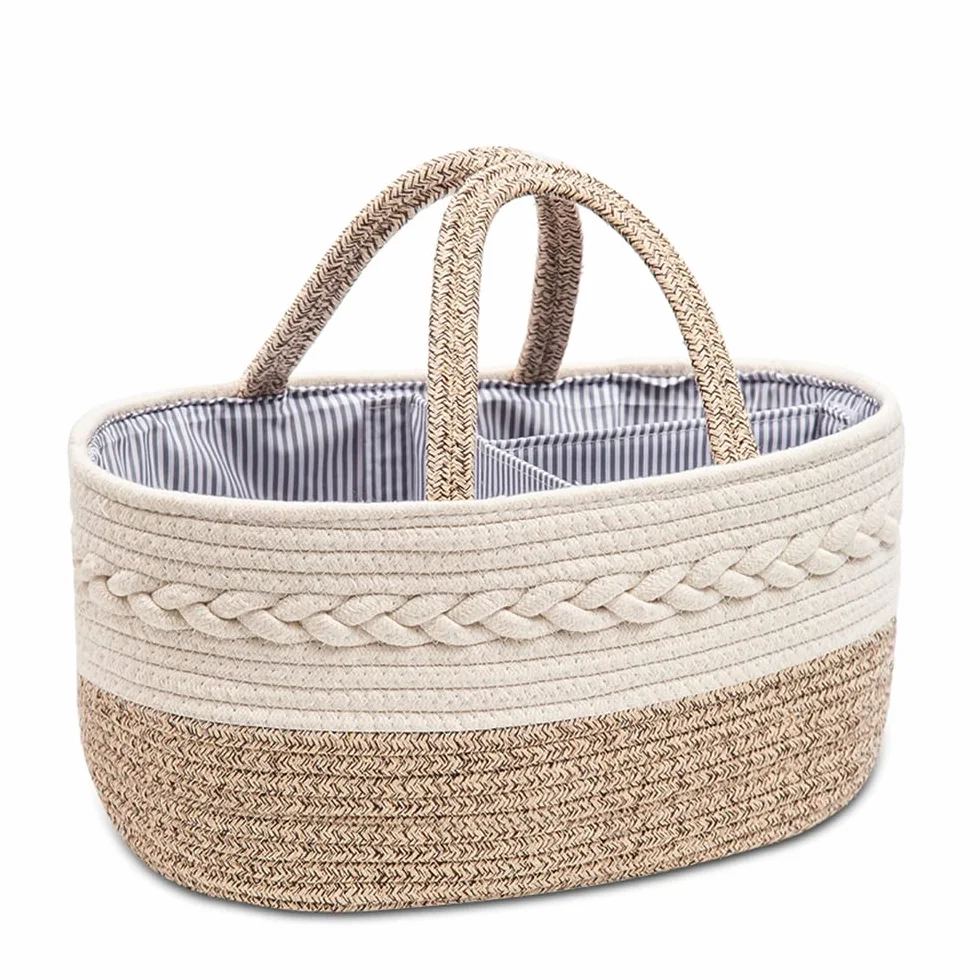 YEONHWA Caja de almacenamiento de pañales para bebé, cesto de almacenamiento de algodón para bebé de cuerda tejida, con asa portátil y gran caja de almacenamiento para el vestidor, beige