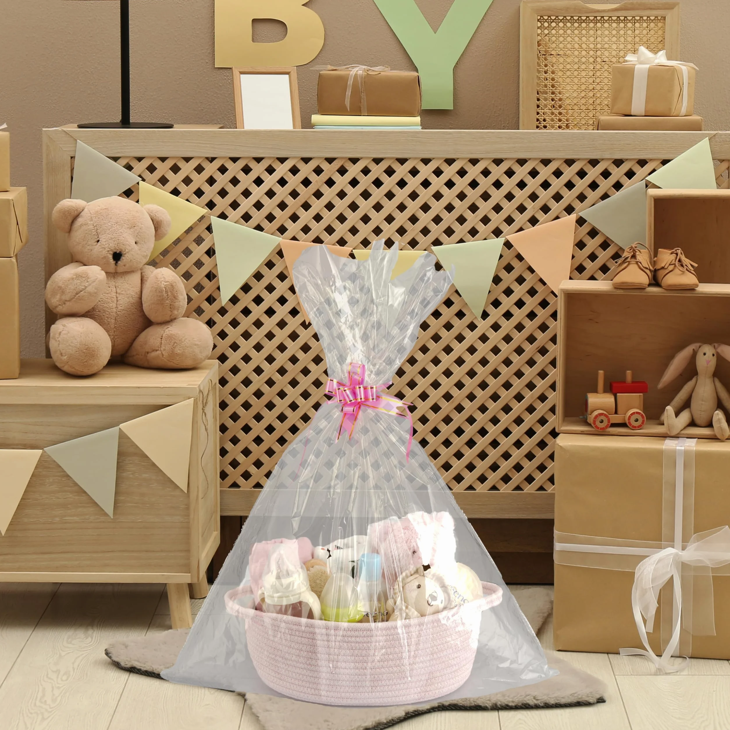 Cestas de regalo vacías, Cesta de almacenamiento de cuerda de algodón trenzada rosa con bolsa y cinta, cesta organizadora pequeña para bebé, juguetes, Baby Shower, cesta tejida decorativa 30x20x12 cm
