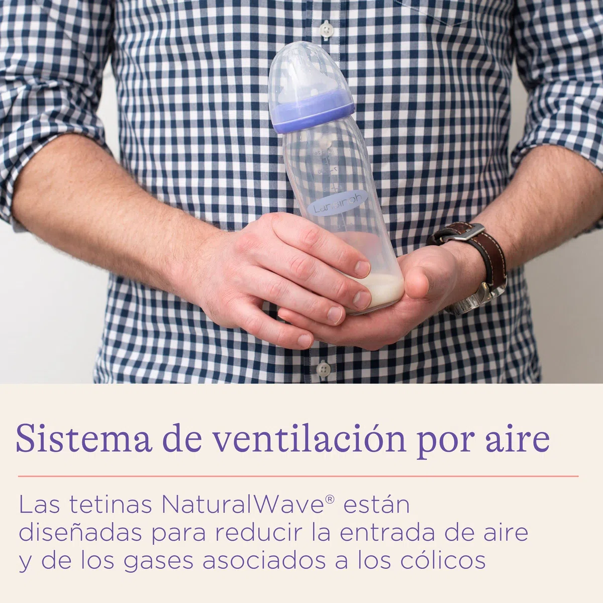 Biberón de Cristal de Lansinoh para Leche Materna con tetina simuladora del pezón, flujo medio, 240 ml/1 Ud., lila/transparente (77250)