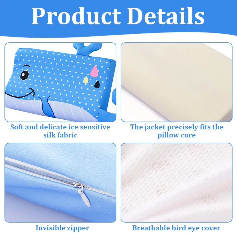Almohada para Niños, 46 x 26cm Almohada para Bebe con Funda de Almohada, Suave y Transpirable para un Sueño Seguro, Espuma Viscoelástica, para Niños Mayores de 2 Años (Ballena)