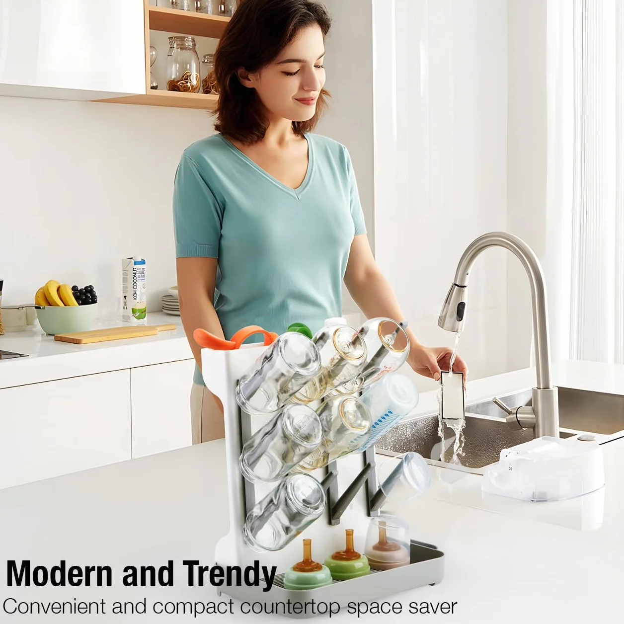 PandaEar Escurridor de Biberones para Bebé, Soporte de Secado Vertical Que Ahorra Espacio con Bandeja de Agua Extraíble y Pivotes, para Biberones, Tetinas, Vasos y Accesorios, Gris