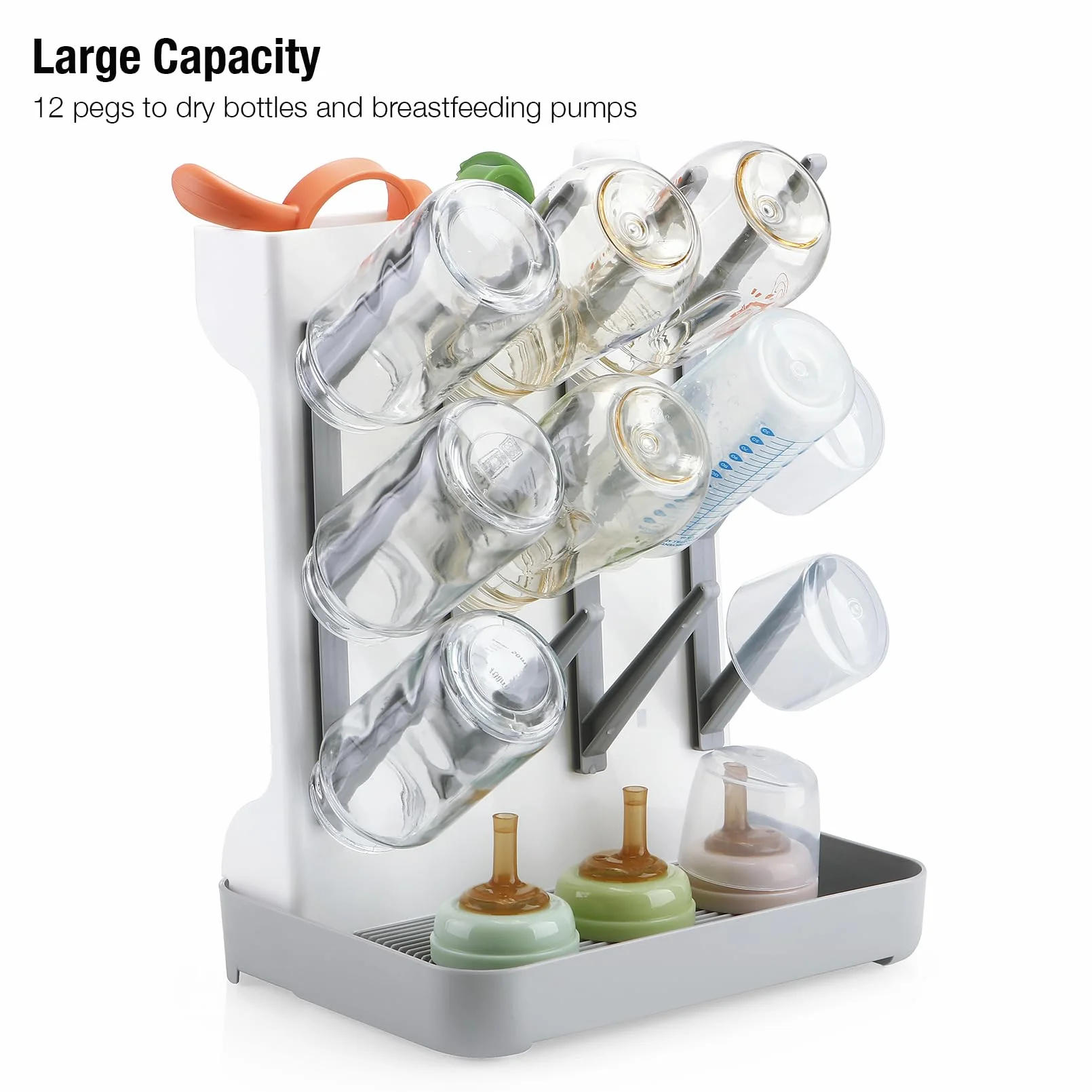 PandaEar Escurridor de Biberones para Bebé, Soporte de Secado Vertical Que Ahorra Espacio con Bandeja de Agua Extraíble y Pivotes, para Biberones, Tetinas, Vasos y Accesorios, Gris