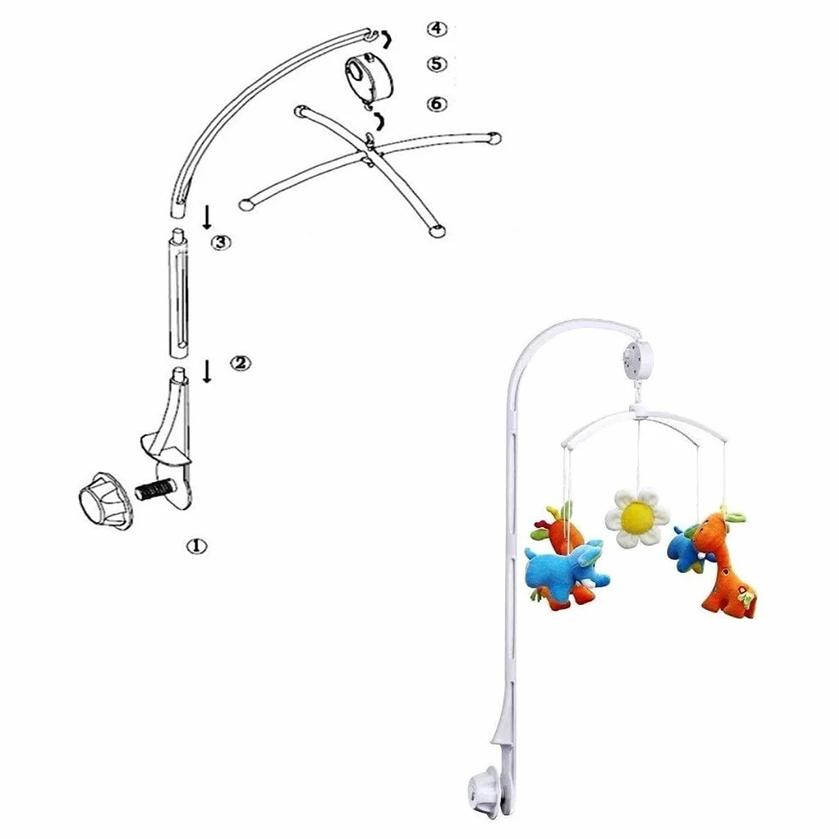 JZK Movil musical para cuna bebe con música "cancion de cuna" de brahms, cuna móvil caja música + soporte juguetes + brazo, rotación automática sin batería