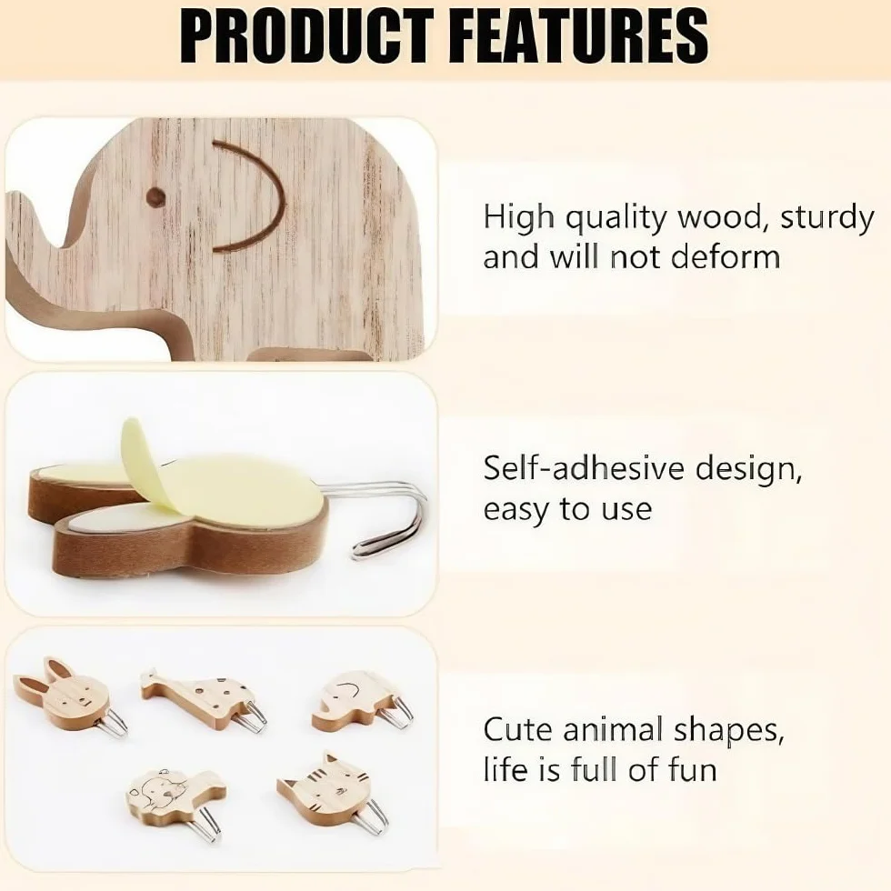 Perchero Infantil Pared Madera Animales Diseño Adorable Colgador Adhesivo Bebé Dormitorio Perchas Adhesivas Fuertes Decoración Infantil (6 piezas)