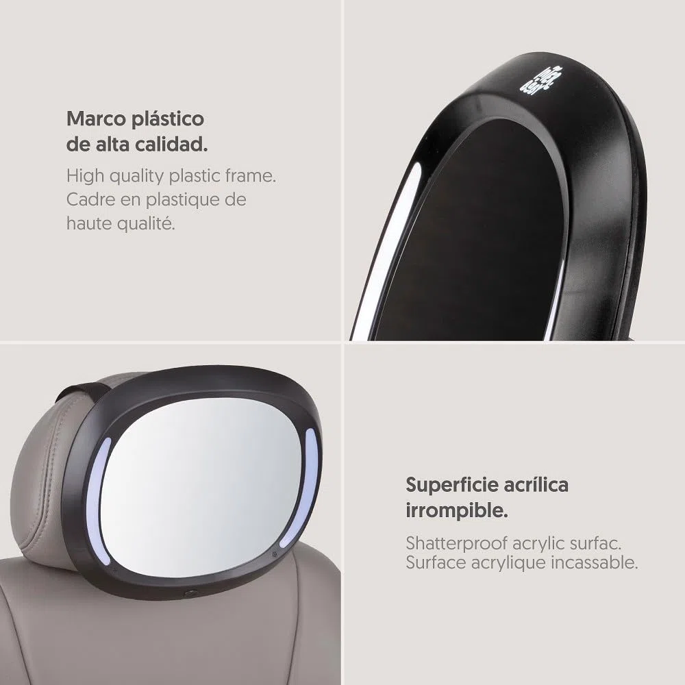 Espejo Coche Bebe con Luz LED Interbaby | Irrompible, Rotación 360º, Ajuste Universal | Espejo Retrovisor Asiento Trasero para Bebes, Instalación Fácil, Mando a Distancia, Negro