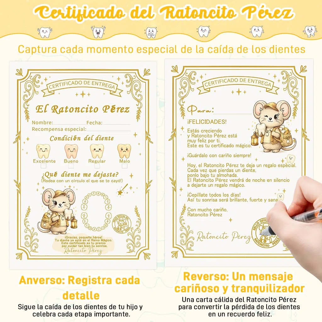 WALLFID set de 12 piezas,caja dientes de leche niño,cartas del Ratoncito Pérez,bolsita del Ratoncito Pérez,10 tarjetas del diente limpio,regalo original para niño y niña (Espagnol)