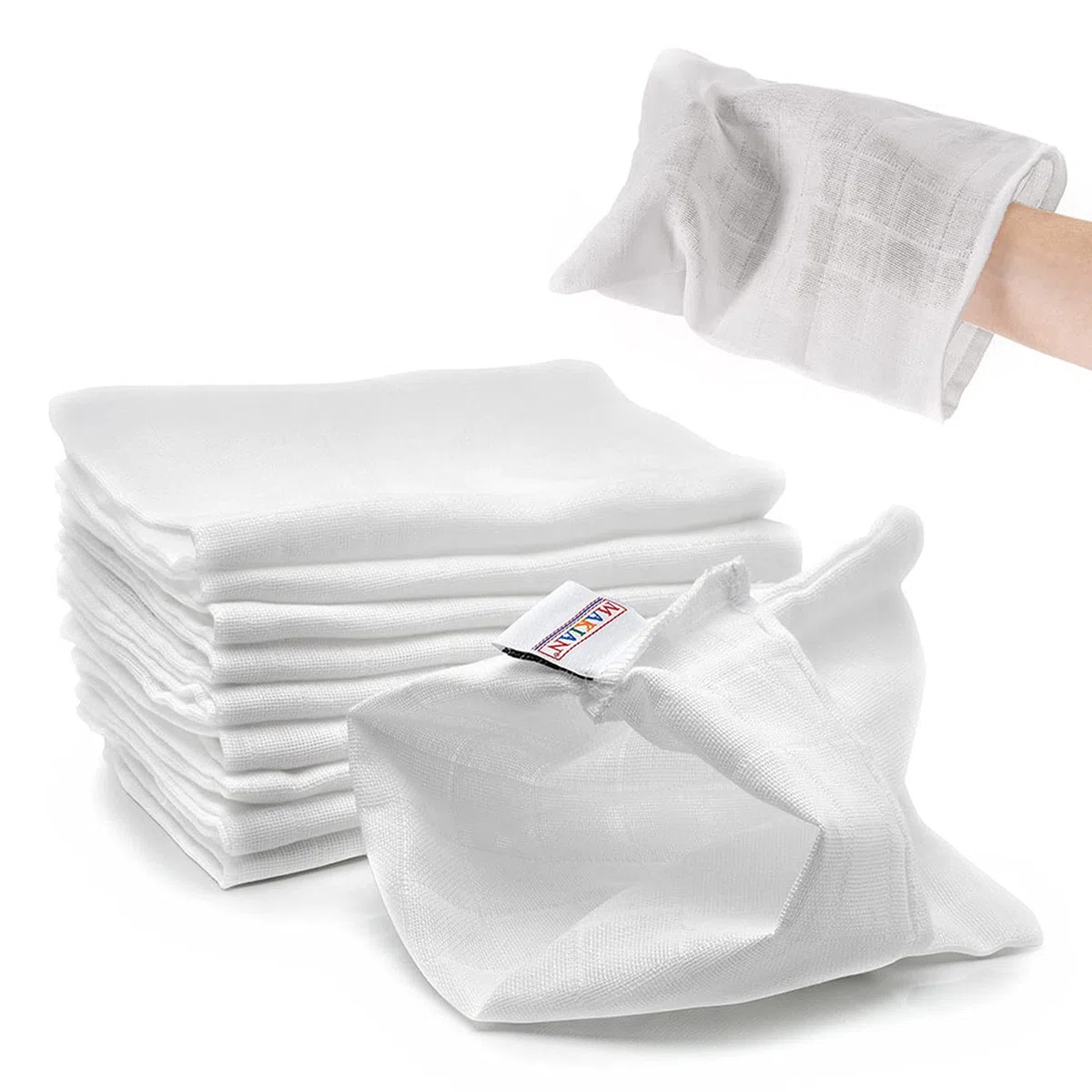 Makian Manoplas baño bebe Set 10 Ud. / Muselina facial 17x20 cm / Gasas bebe algodon / Muselina bebe blanca Certificado Oeko-TEX, lavar a 90°C - blanco