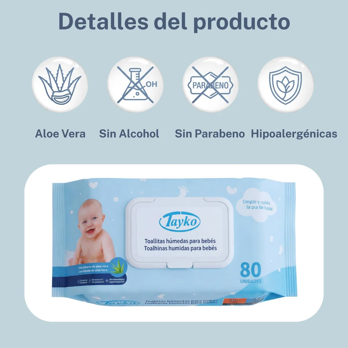 Tayko Toallitas ultrasuaves, 480 Toallitas para Bebé con Aloe Vera e Hipoalergénicas, Sin Alcohol y con Tapa Rígida, Toallitas Húmedas para Piel Sensible (6 paquetes de 80 unidades)