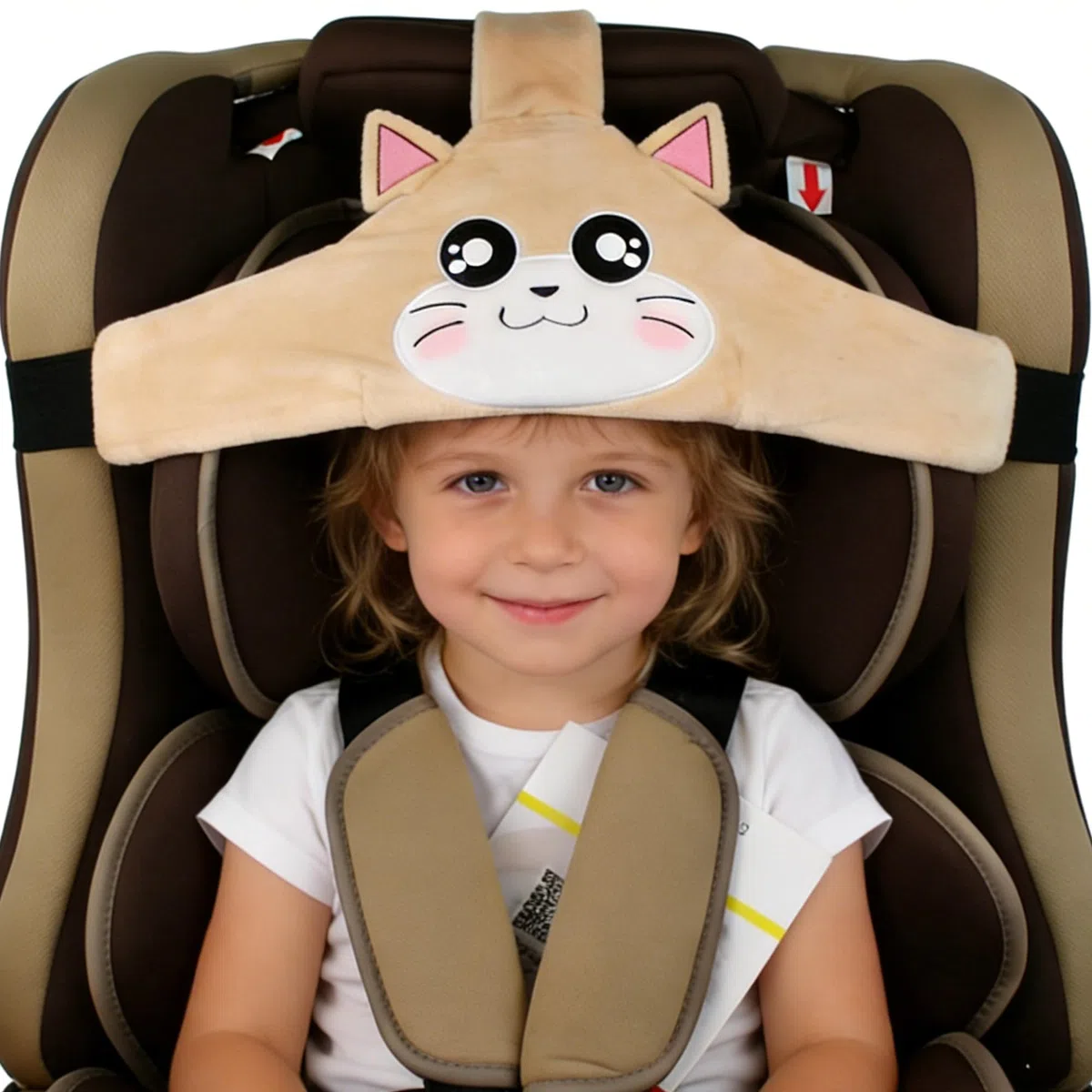 Soporte de cabeza de asiento de coche de bebé niño, posicionador de sueño seguro y acogedor de coche, cinturón de sujeción de asiento de seguridad ajustable, cinturón de seguridad (Marrón)