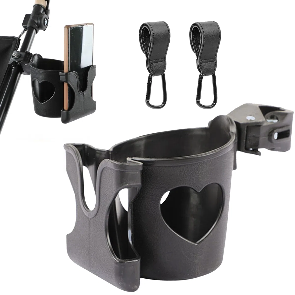Portavasos para Carrito de Bebé con 2 Ganchos, Rotación de 360 Grados para Bicicleta, Diseñado con Gran Calibre (Negro)