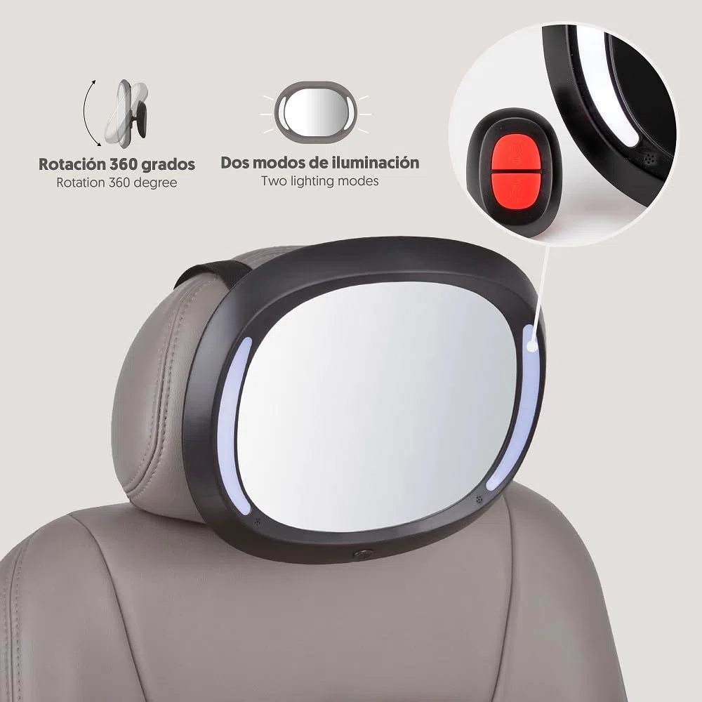 Espejo Coche Bebe con Luz LED Interbaby | Irrompible, Rotación 360º, Ajuste Universal | Espejo Retrovisor Asiento Trasero para Bebes, Instalación Fácil, Mando a Distancia, Negro