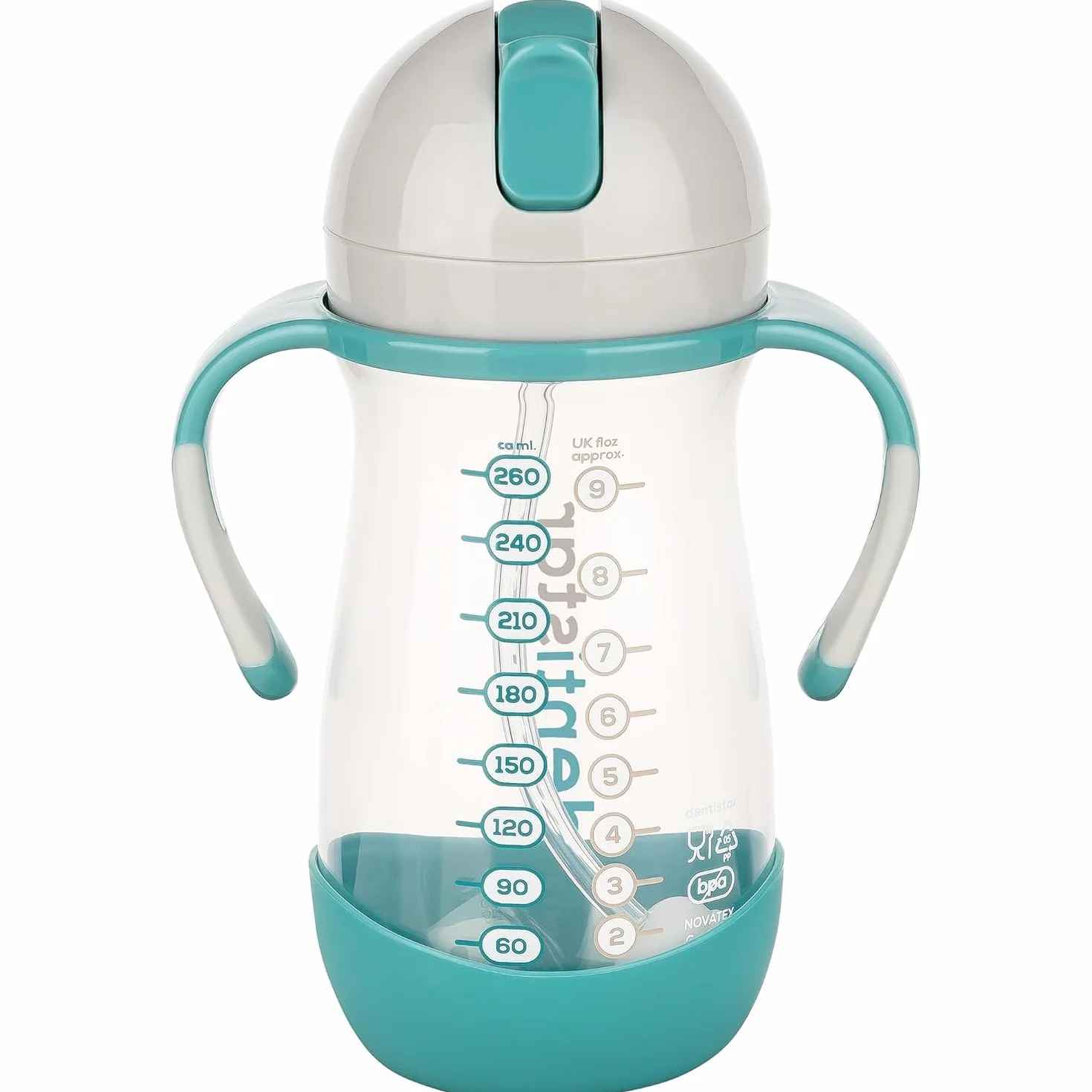 Dentistar Taza infantil hermética con pajita móvil, 260 ml – Biberón antigoteo para niños a partir de 6 meses – Vaso con asas antideslizantes y con cepillo de limpieza – Sin BPA - Menta