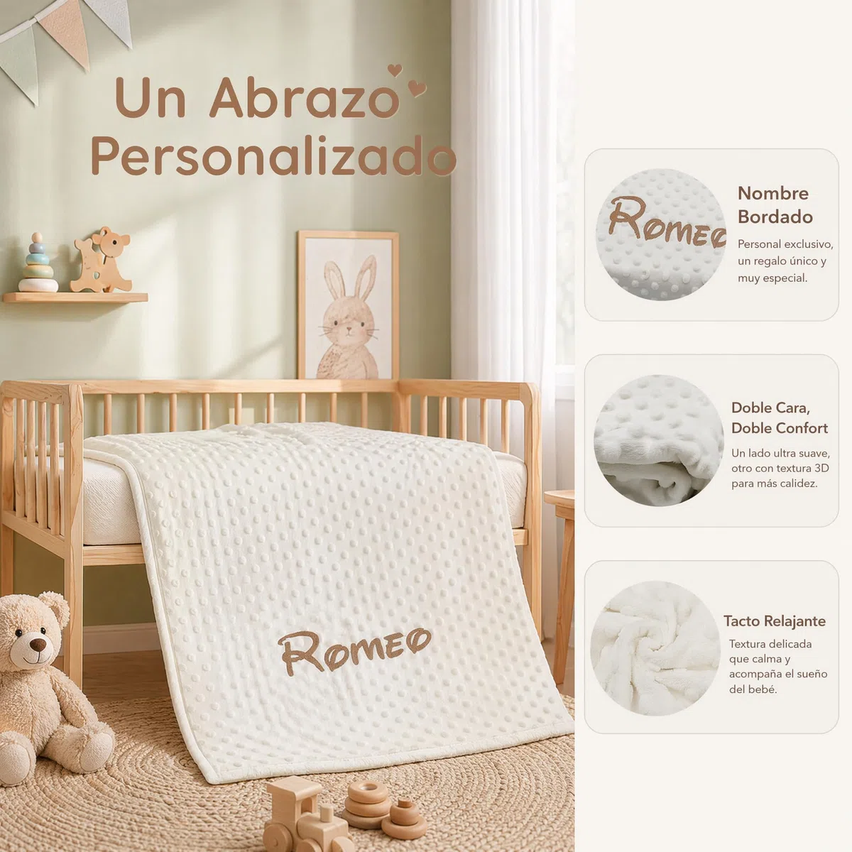 various Manta Bebé Personalizada con Nombre Bordado, 80x110 cm, Manta Suave y Cálida para Recién Nacido, Microfibra 100% Poliéster, Regalo Original para Bebé, Cuna y Cochecito (Beige)