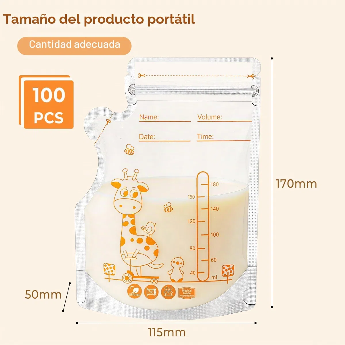 Vinabo Bolsas de Almacenamiento de Leche Materna, 180ml, 100 Unidades, Polietileno, Doble Cierre, Congelación Rápida, Libre de BPA