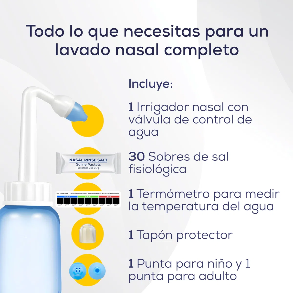 Kit de Lavado Nasal con Válvula de Control de Agua – Irrigador Nasal con 30 Sobres de Sal – Puntas para Adultos y Niños – Limpieza Nasal Diaria - Incluye termometro - Capacidad de 300ml