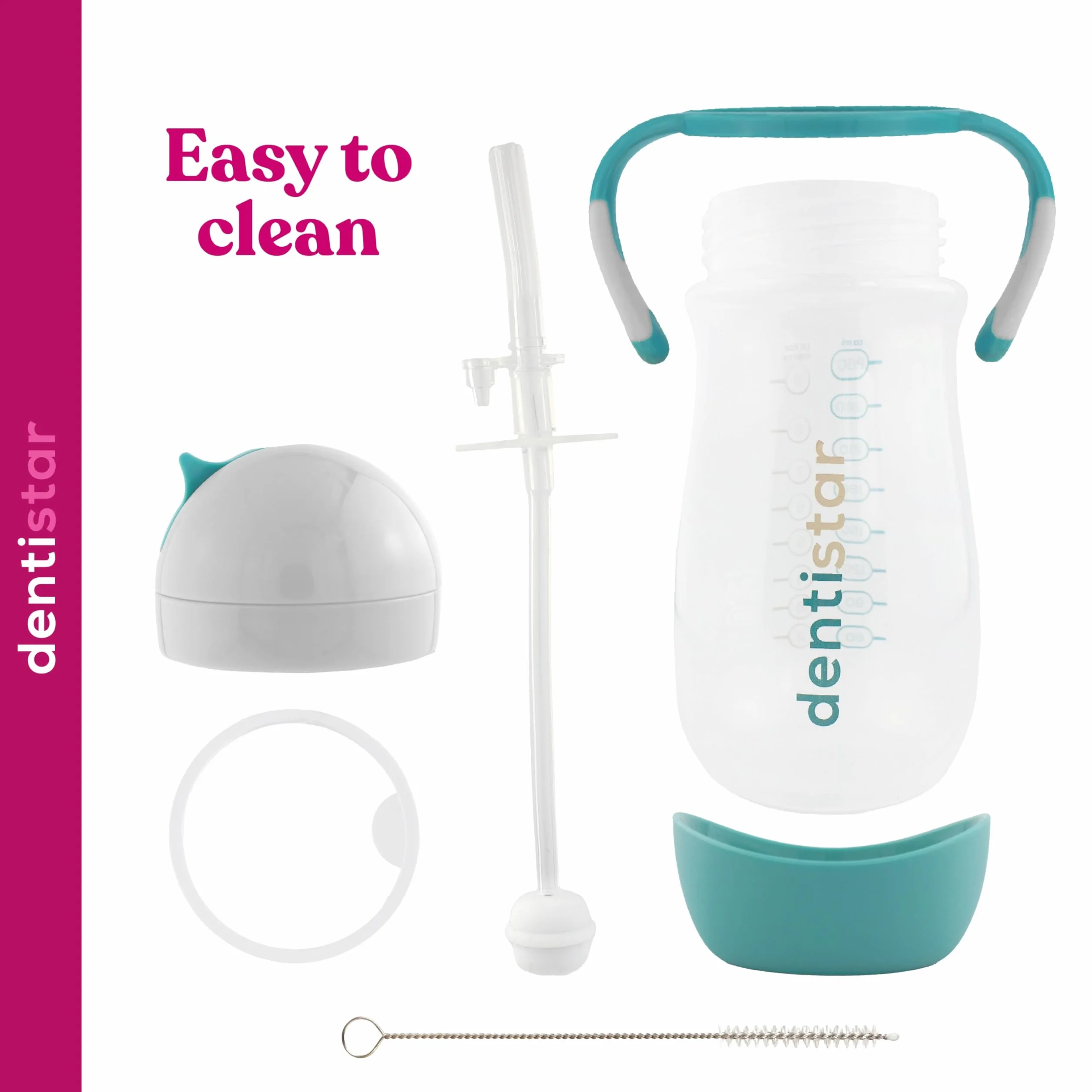 Dentistar Taza infantil hermética con pajita móvil, 260 ml – Biberón antigoteo para niños a partir de 6 meses – Vaso con asas antideslizantes y con cepillo de limpieza – Sin BPA - Menta