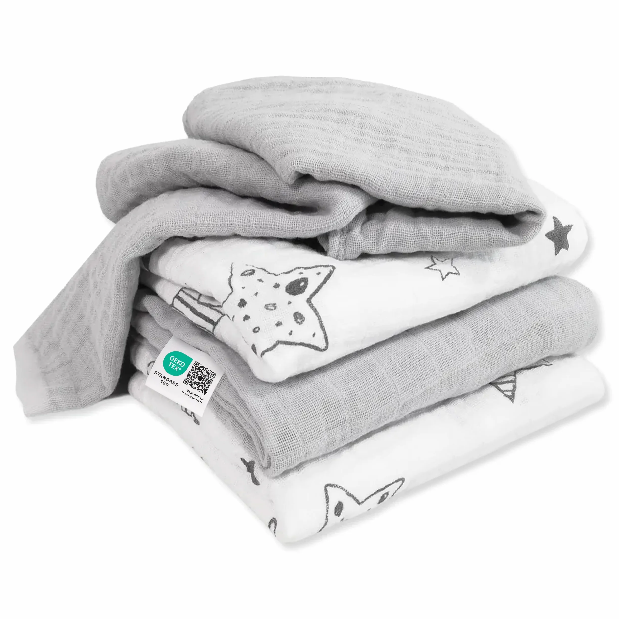 MAKIAN - Muselinas Bebe Algodon 70x70 cm | Gasas para Bebes 4 Ud. | Cuadrados de Muselina con Tejido Doble con Bordes Reforzados y Certificado Oeko-Tex, Estrellas Gris Blanco
