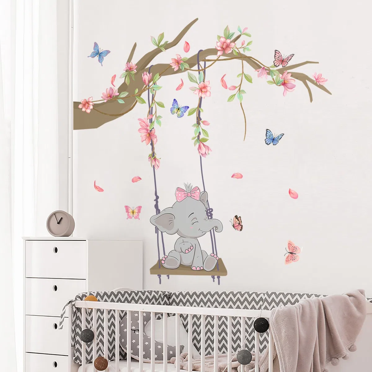 Tanlaby Rosa Columpio Elefante Vinilo Pared, Rama Flores Rosas Mariposas Pegatinas de Pared Caricatura Autoadhesivo Removible Vinilos Decorativos para Dormitorio de Niña Guardería Decoracion Pared