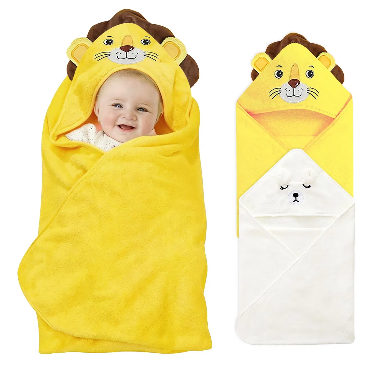 2 toallas de bebé con capucha, 80 x 80 cm, toalla con capucha para bebés, bonita forma de animal, oso blanco y león amarillo, para baño de bebé, unisex
