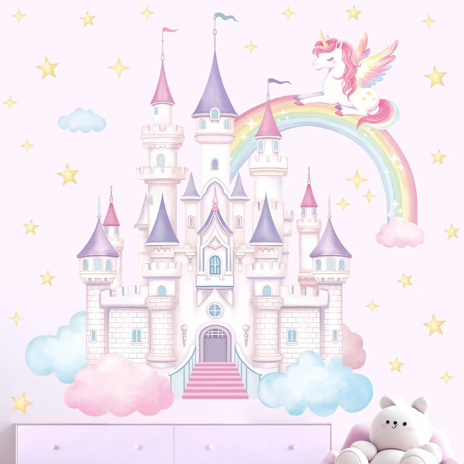 SHUCHING Pegatinas de Pared Castillo Grande, Vinilo Adhesivo Pared Unicornio Arcoíris, Vinilos Decorativos para Dormitorio Infantil Habitación Niña