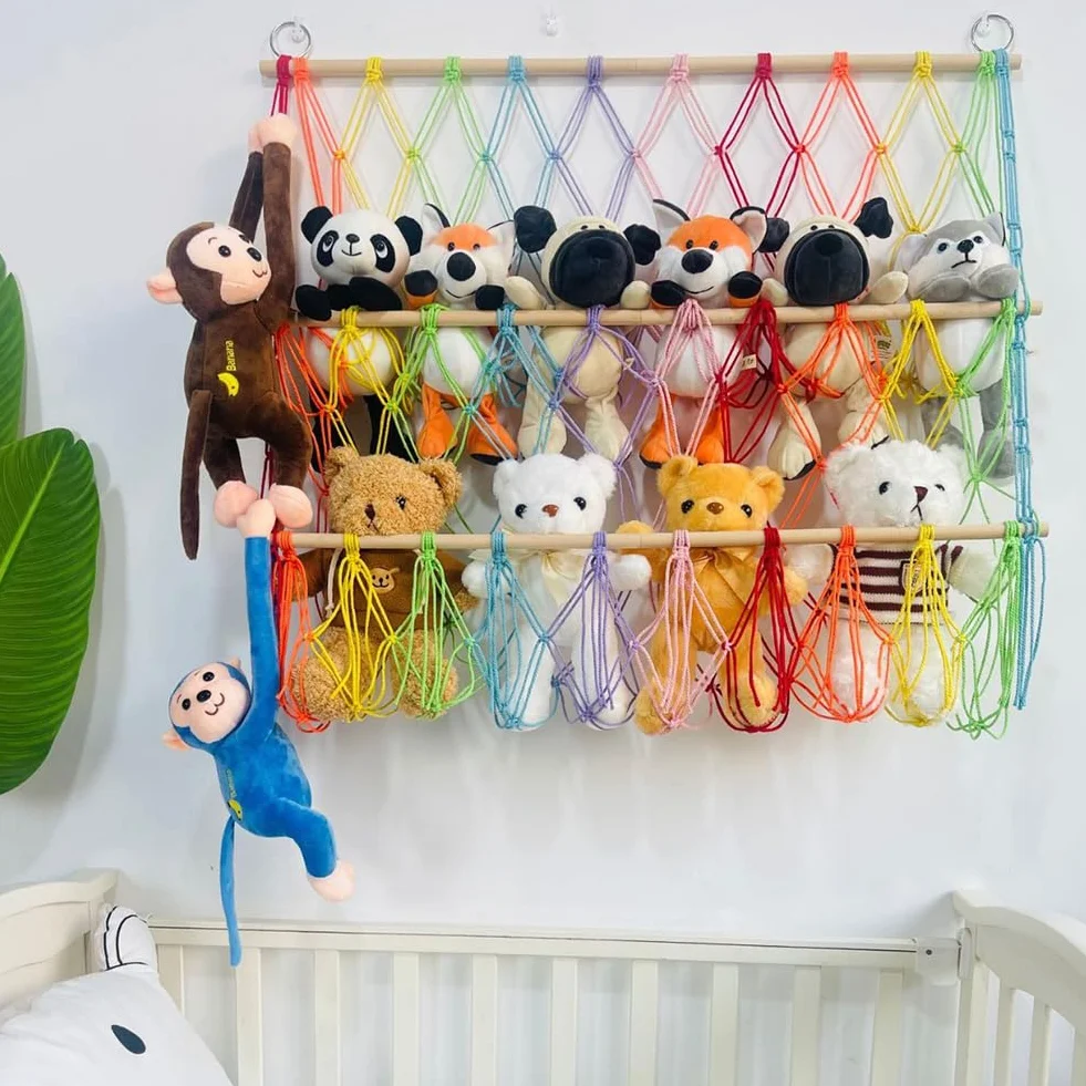 Hamaca de Almacenamiento de Animales de Peluche, Macramé para Colgar en la Pared Juguetes de Peluche Hamaca de Red Organizador de Juguetes Altura Ajustable para Guardería Sala Habitación