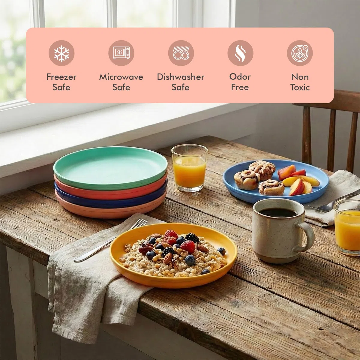 MASTERCOOK Juego de platos para niños, 6 platos de plástico reutilizables, plástico de grado alimenticio sin BPA, apto para lavavajillas y microondas, juego de platos multicolor para niños, 7 pulgadas