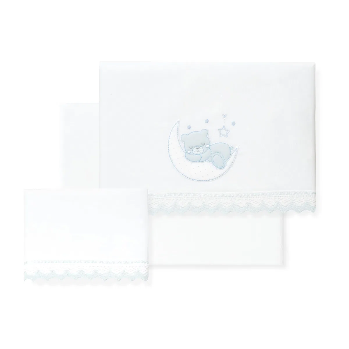 Interbaby - Sábanas Bebé 100% Algodón Coche/Moisés/CAPAZO - Guipur Oso Luna Conjunto 3 Pcs, Bajera+encimera+Funda Almohada - Hecho en España