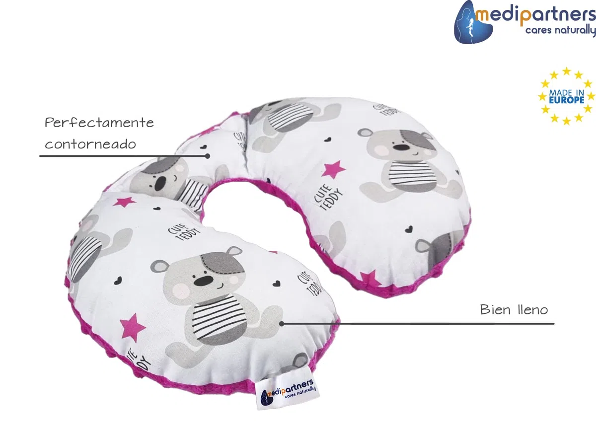 Medi Partners Almohada Cervical Coche Bebe cojin cuello niños cojín viaje - 100% Algodón/Minky Avion Neck Travel Pillow Almohadilla Cervicales Nino (Teddy con Minky rosa oscuro)