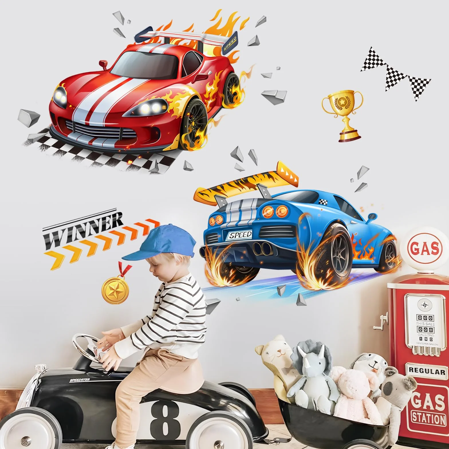 Pegatinas de Pared 3D Coches de Carreras Vinilos Decorativos Rojo Azul Banderas Adhesivos para Infantiles Niño Dormitorios