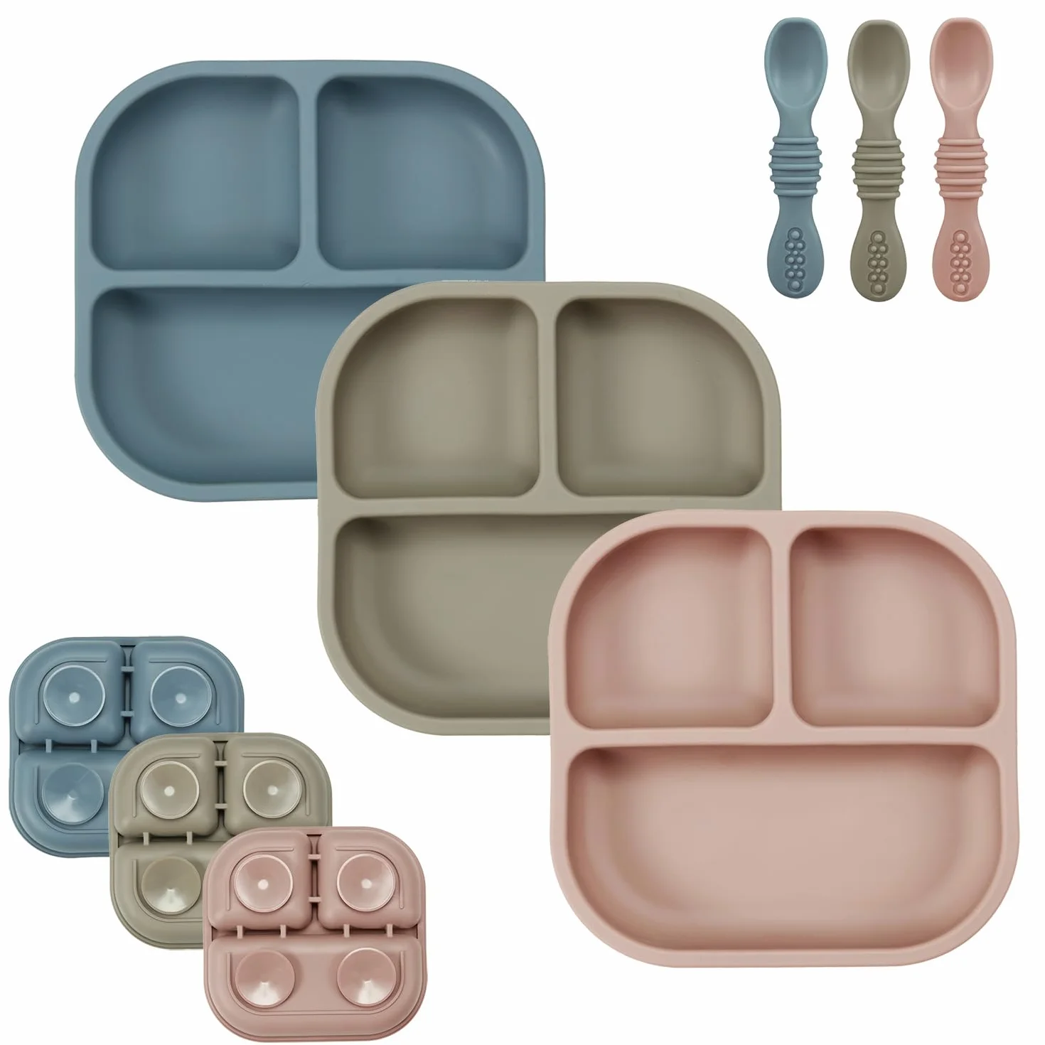PandaEar Platos de Succión para Bebés, Juego de 3 Platos y Cucharas de Silicona para Bebés, Niños Pequeños e Infantes, Plato Dividido con Succión para Niños Pequeños (Azul/Roja/Marrón)
