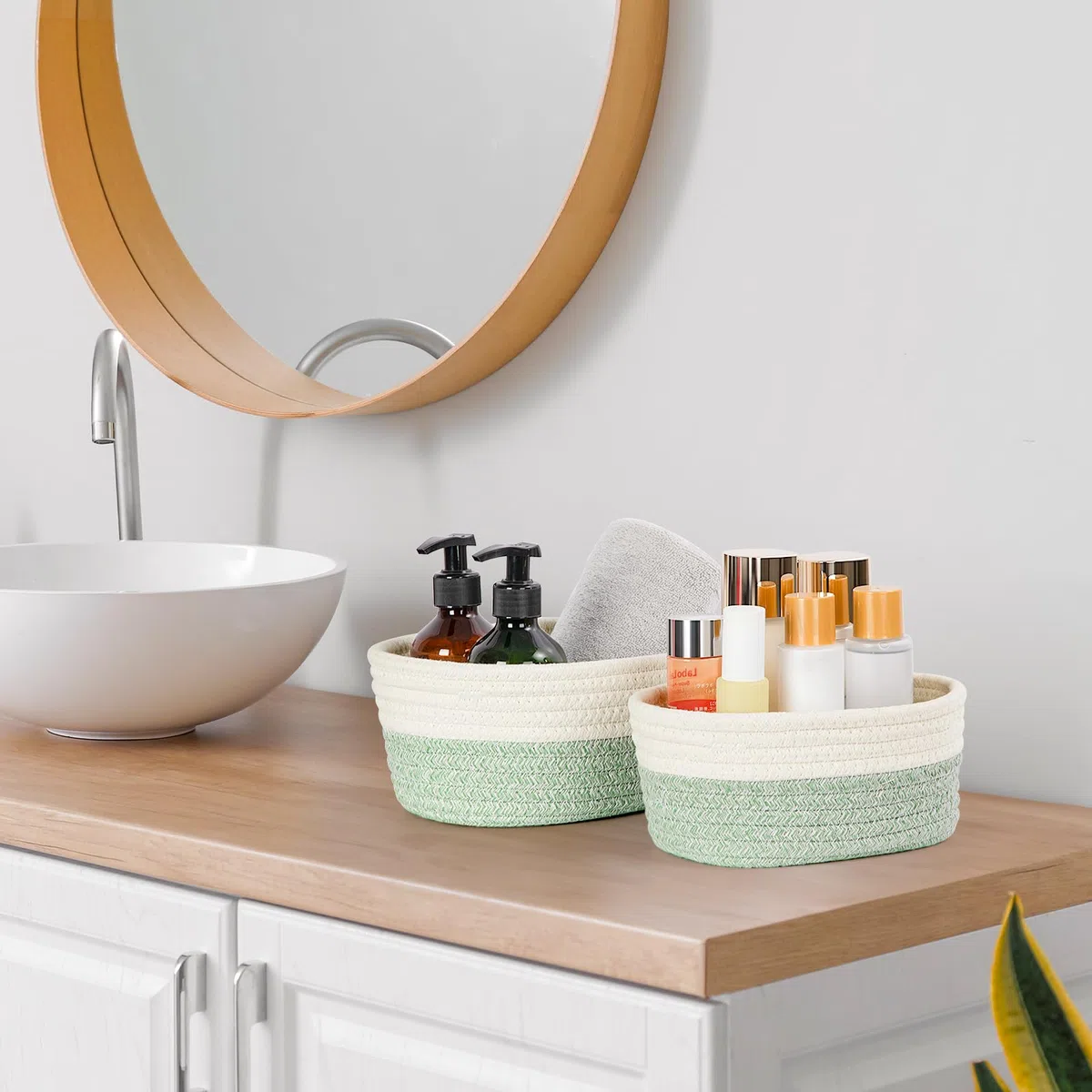 Juego de 5 Cestas Almacenaje de Cuerda de Algodón, Cestas Organizadoras Baño, Cesta Juguetes Bebe, Cesto Toallas Baño, Cajas Almacenaje Decorativas, Blanco & Verde