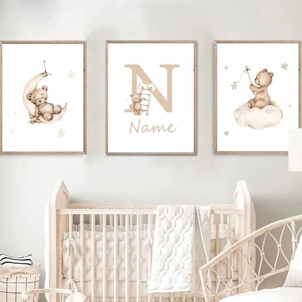 3 Laminas Personalizadas Nombre Bebé Oso Estrellas Nube Luna Cuadro Tonos Marrones Animales Decoración Pared Dormitorio Niño Beige Poster Habitacion Infantil Regalo Lienzo 30 x 40 cm Sin Marco