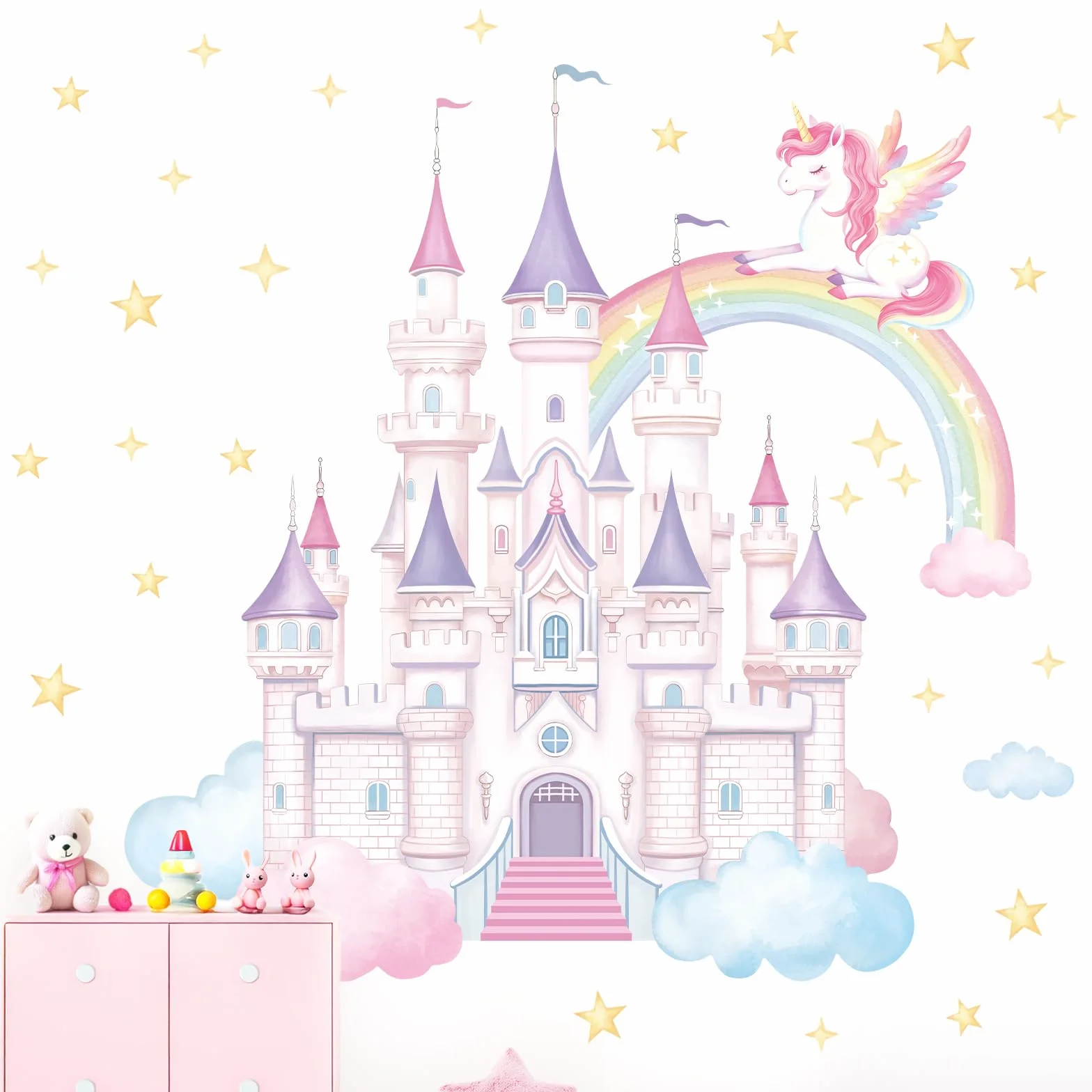 SHUCHING Pegatinas de Pared Castillo Grande, Vinilo Adhesivo Pared Unicornio Arcoíris, Vinilos Decorativos para Dormitorio Infantil Habitación Niña