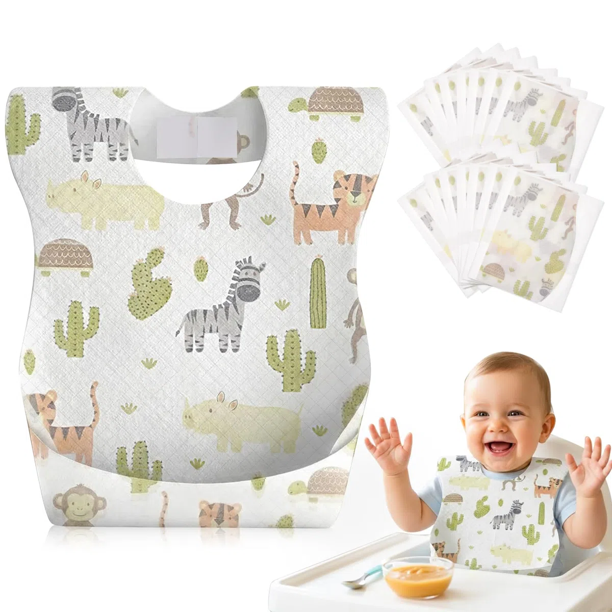 Lictin Baberos Desechables Bebe-20/50pcs baberos bebe impermeables,envuelto Individualmente,Suaves, portátiles y ajustables,con diseños de animales,aptos para uso en interiores y exteriores(0-5años)