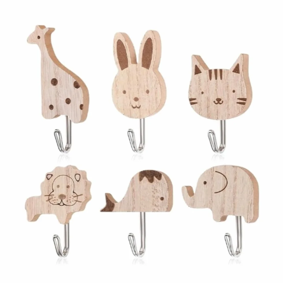 Perchero Infantil Pared Madera Animales Diseño Adorable Colgador Adhesivo Bebé Dormitorio Perchas Adhesivas Fuertes Decoración Infantil (6 piezas)