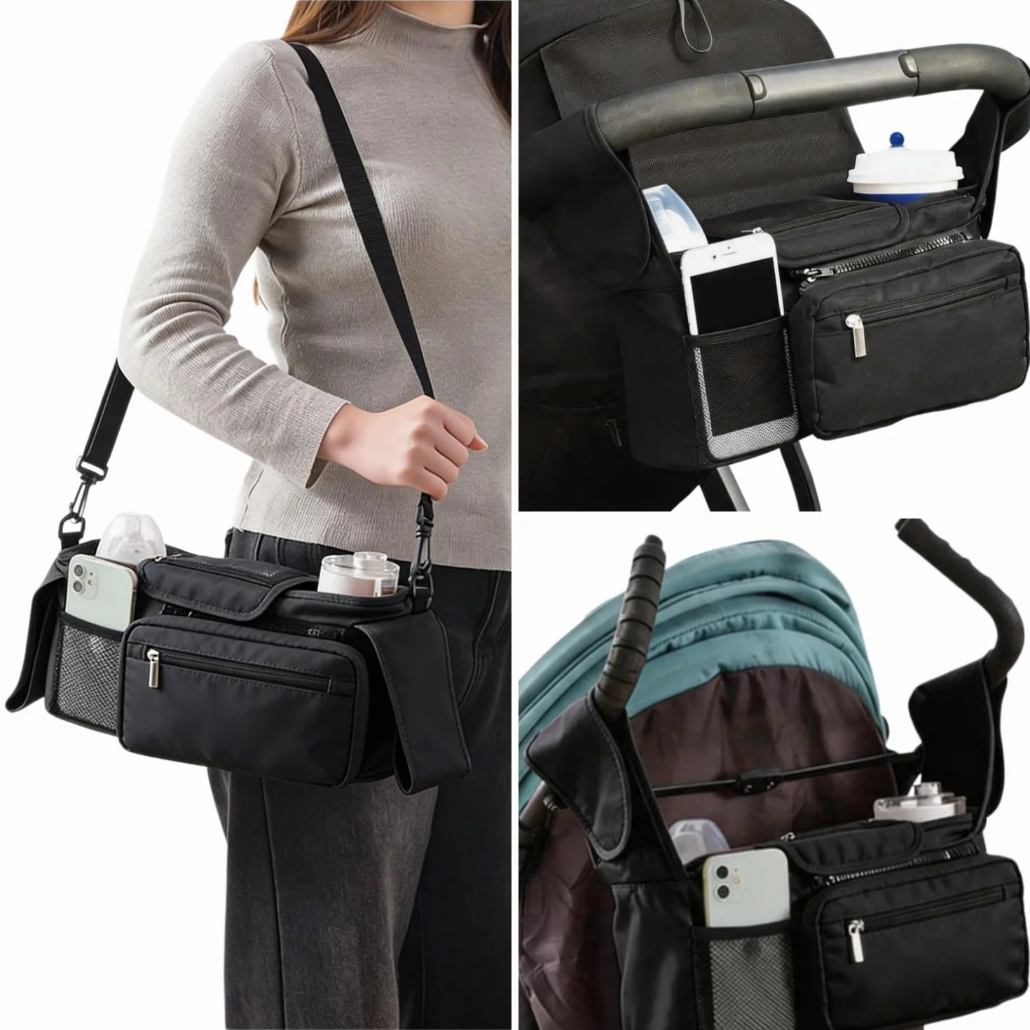 Bolso Carro Bebé Universal con 2 Portavasos Aislados y Monedero Extraíble, Bolsa Organizadora de Cochecitos Impermeable, Correa de Hombro Desmontable para Silla de Paseo y Carrito, Multifuncional