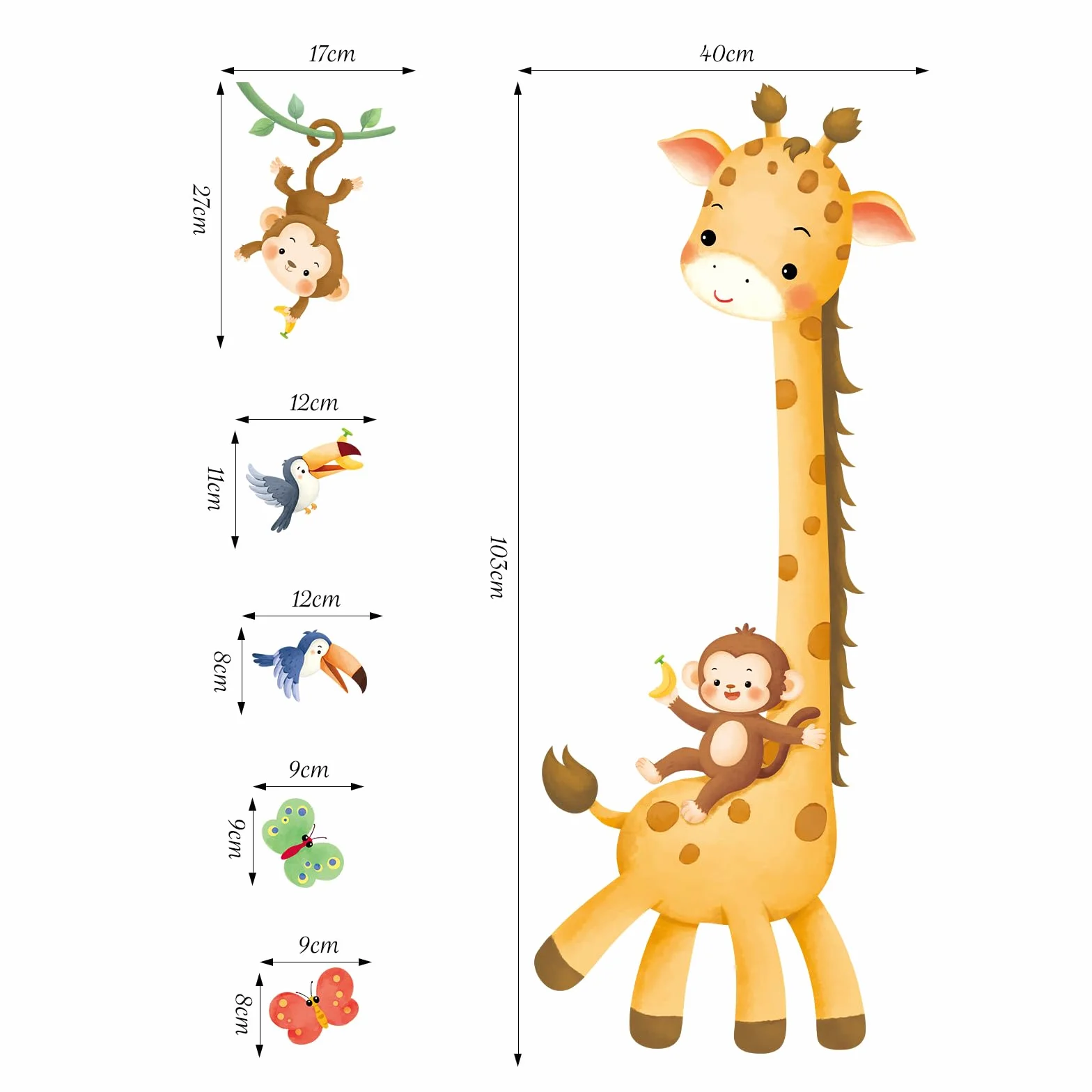 SHUCHING Pegatinas de Pared Medidor Niños, Vinilos Decorativos Jirafa Mono, Vinilo Adhesivo Pared Salón Dormitorio Habitación Infantiles Bebé