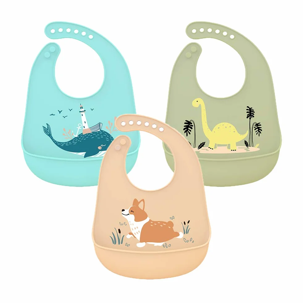 3 Pcs Bebé Baberos de Silicona Impermeable Baberos de Alimentación con Bolsillo Baberos Suave que se Limpia Fácilmente para Bebés o Niños Pequeños Comiendo