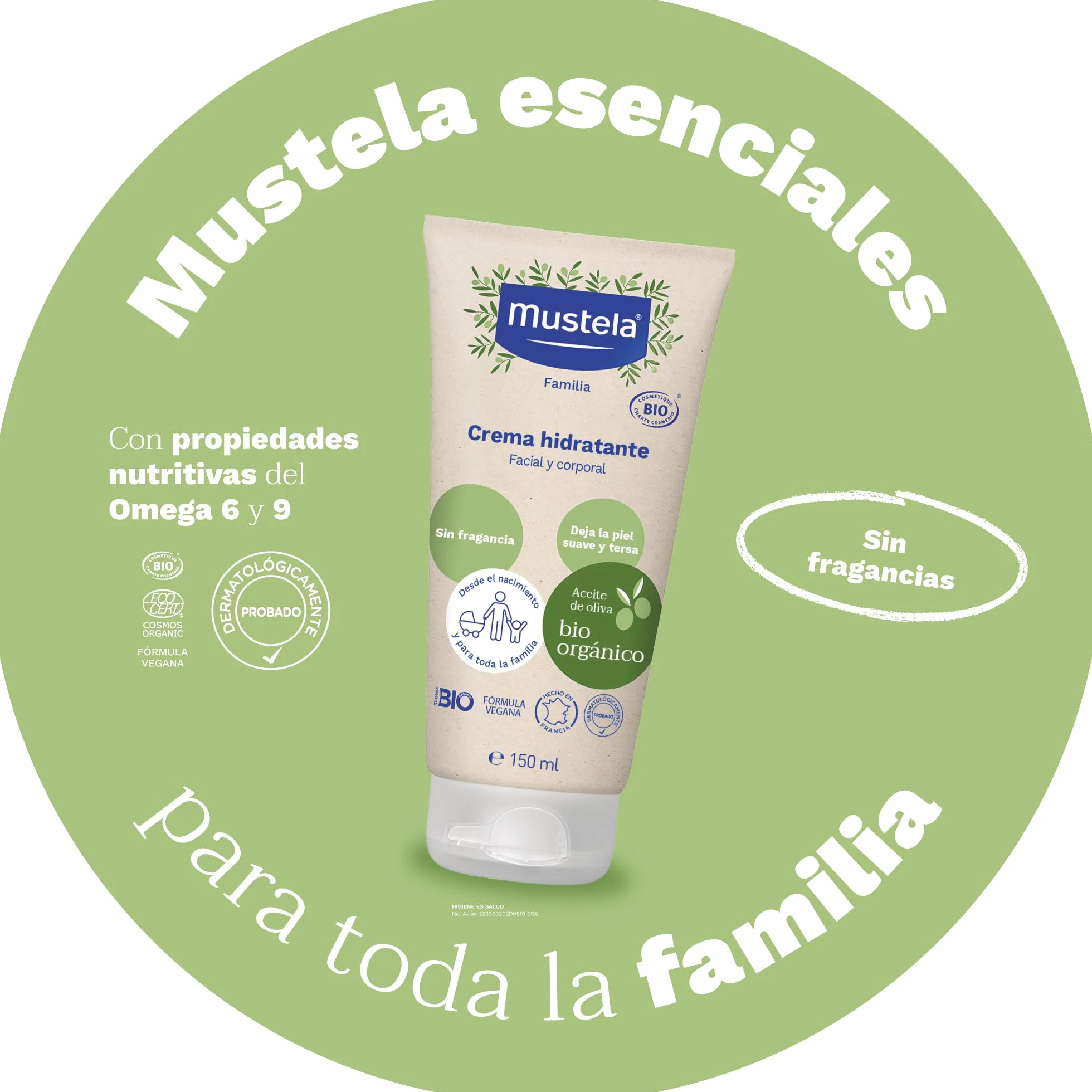 Mustela Crema Bio Organico Hidratante Facial y Corporal, 150 ml
