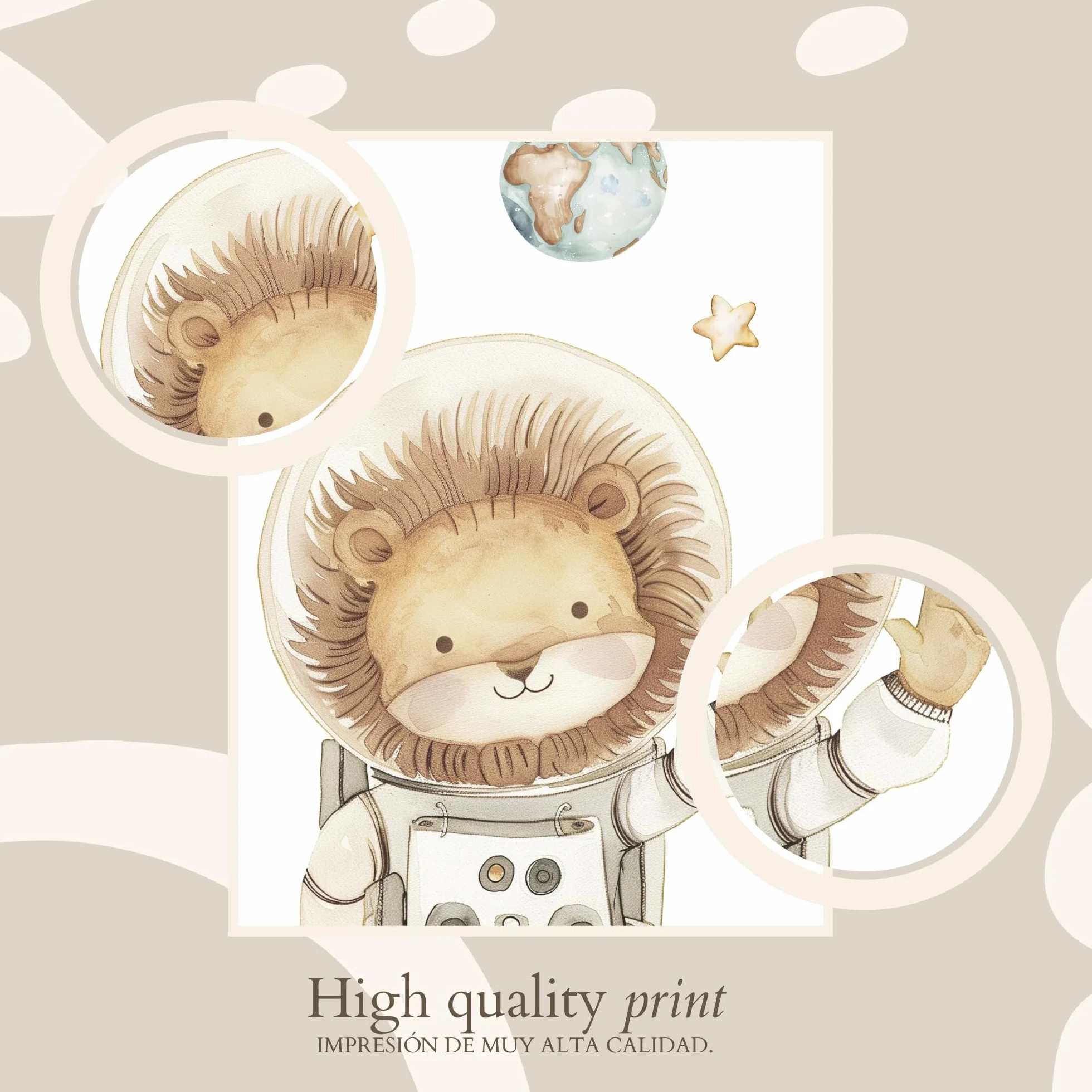 ayurvana: Set 6 Láminas Espacio Bebé - Decoración Pared Habitación Infantil | Set de 6 láminas A4 con animales astronautas. Diseño acuarela para decorar la habitación de tu bebé con ternura y estilo.