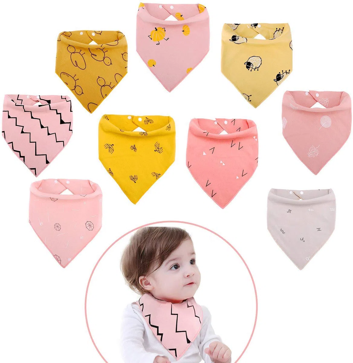 Viedouce Babero Bebe 9 Piezas,Bandana Bebe para Niños Niñas,Baberos Bebe Recien Nacido Algodon con Ajustables Botón,Suave & Absorbente