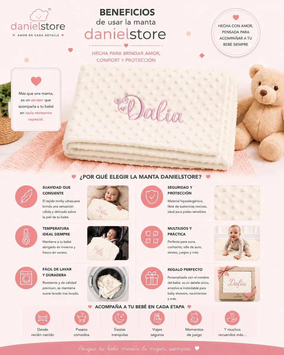 Danielstore-Manta Bebé Personalizada con Nombre Bordado – Mantita Coralina Ultrasuave 80x110 cm – Manta para Cuna, Carrito y Moisés – Cálida y Transpirable – Regalo para Recién Nacido y Baby Shower