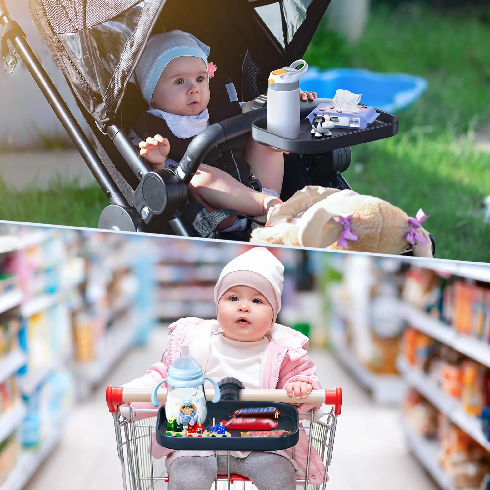 KDD Universal Bandeja de bocadillos Cochecito, 2-1 Bandeja para Cochecito con Portavasos, Accesorio para Bandeja Organizadora, Compatible con Carrito de la Compra Uppababy, Baby Jogger, Britax, Bob