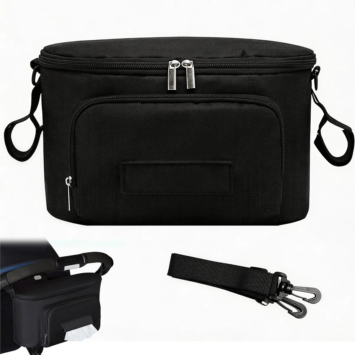Bolso Organizador para Carrito de Bebé Universal, Bolsa Impermeable de Gran Capacidad con Portavasos, Correa de Hombro Ajustable, Accesorio Multifuncional para Cochecito y Paseo (Negro)