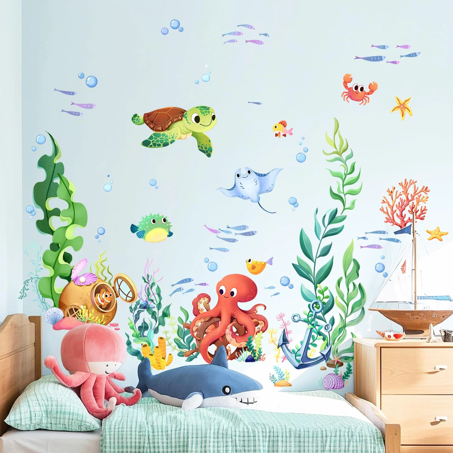 Supzone Pegatinas de Pared Bajo el Mar Peces Vinilos Decorativos Tortugas Algas Adhesivos Decoración para Niños Habitación Guardería Bebé Baño Dormitorio