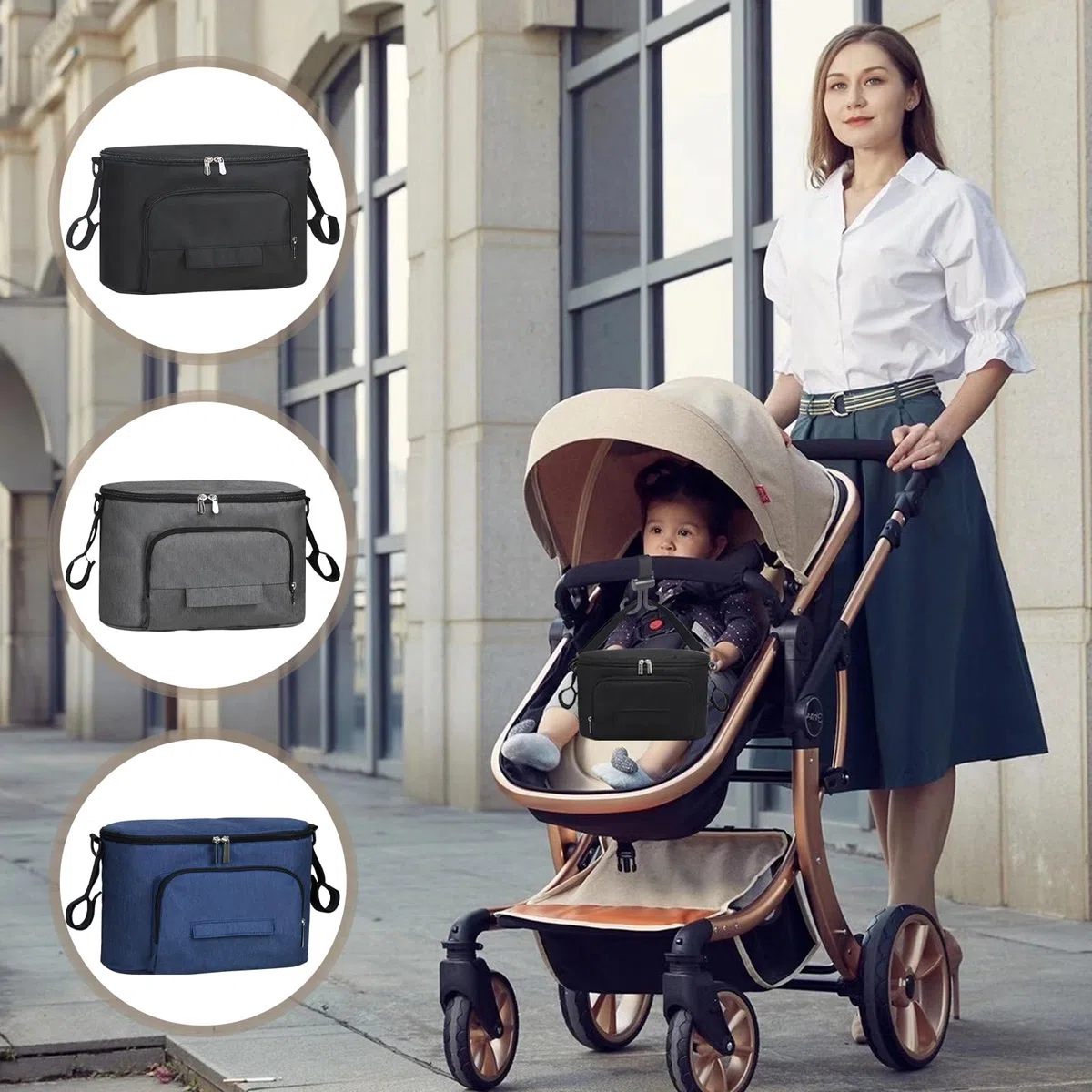 Bolso Organizador para Carrito de Bebé Universal, Bolsa Impermeable de Gran Capacidad con Portavasos, Correa de Hombro Ajustable, Accesorio Multifuncional para Cochecito y Paseo (Negro)